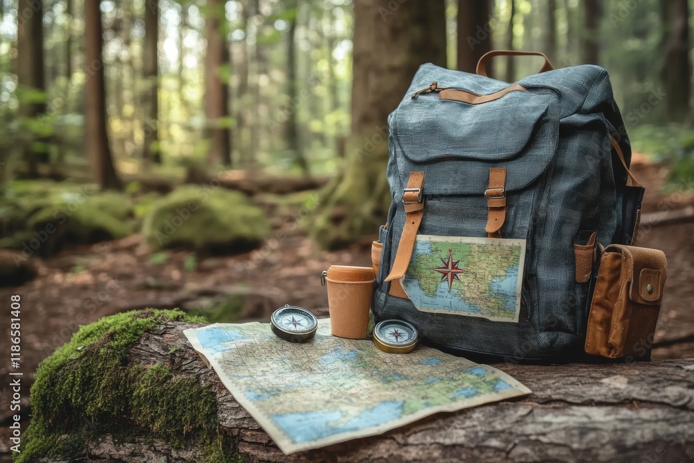 Aufkleber exploring the wilderness with a compass, map, and backpack surrounded by lush forest greenery. gener