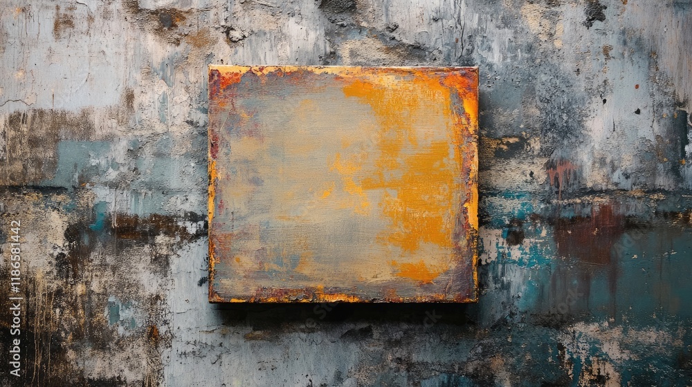 Poster vintage painting on textured grunge wall background with peeling paint and distressed layers creatin