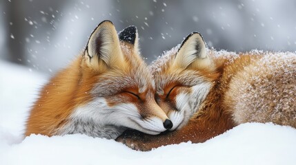 Cozy red foxes napping together in a serene snowy landscape during a gentle snowfall moment