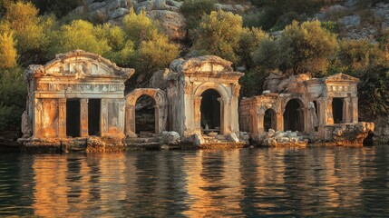 Obraz premium Ruins of an ancient sunken city on Kekova Island reflecting in the calm waters near Antalya showcasing historical Lycia architecture