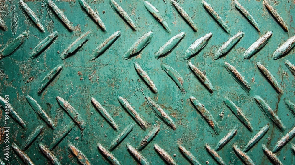 Poster textured green metal plate with a diamond pattern, showcasing vintage wear and unique surface detail