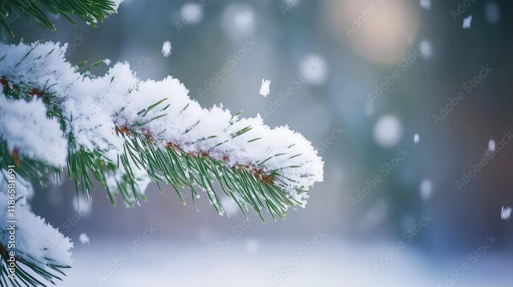 Poster snow-covered coniferous branches in a winter forest with close-up view of snow crystals and softly f