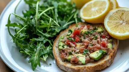 Tuna tartare with avocado and arugula served on grilled toast with fresh lemon wedges on a white plate