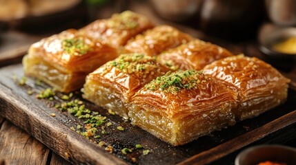 Turkish baklava assortment displayed on a wooden board highlighting its rich textures and toppings of pistachios and syrup.