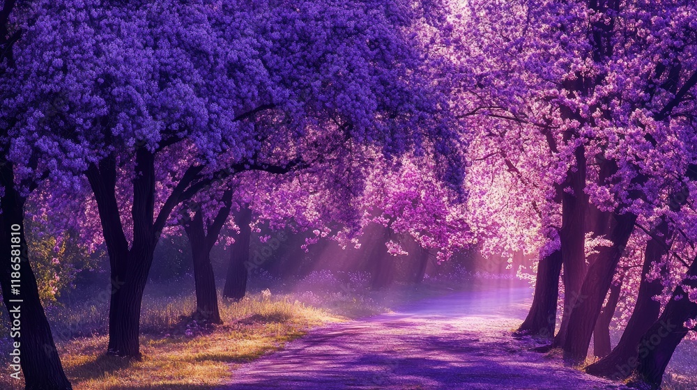 Poster Vibrant spring scene with blooming violet trees lining a tranquil pathway under soft sunlight in a peaceful natural setting