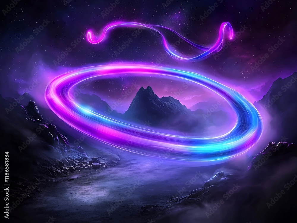 Poster chromatic light cascade with undulating quantum phenomena flowing ribbons of ethereal digital energy