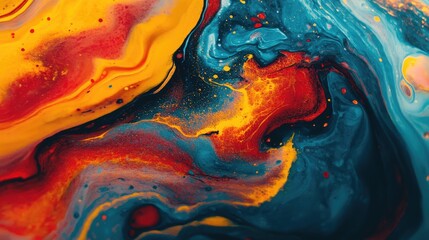 Dynamic abstract art featuring bold red, yellow, and blue swirls capturing the essence of creativity and artistic expression in fluid motion