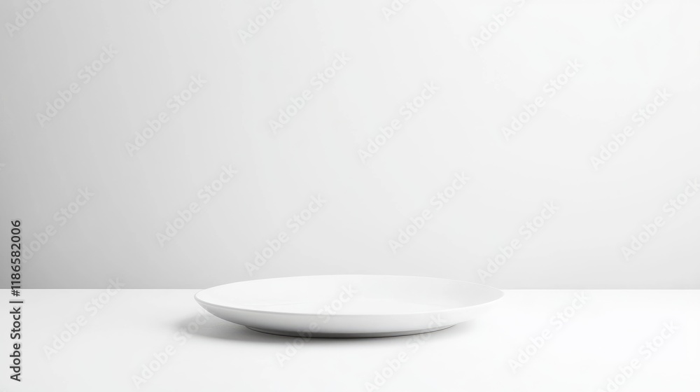 Aufkleber Minimalist White Studio Background with Empty Wall and Simple Plate on Table for Product Photography and Display Purposes