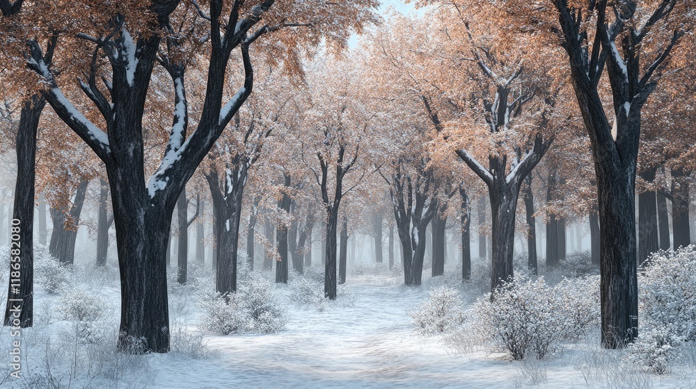 Poster serene winter forest landscape with snow covered trees and soft golden foliage creating a tranquil n