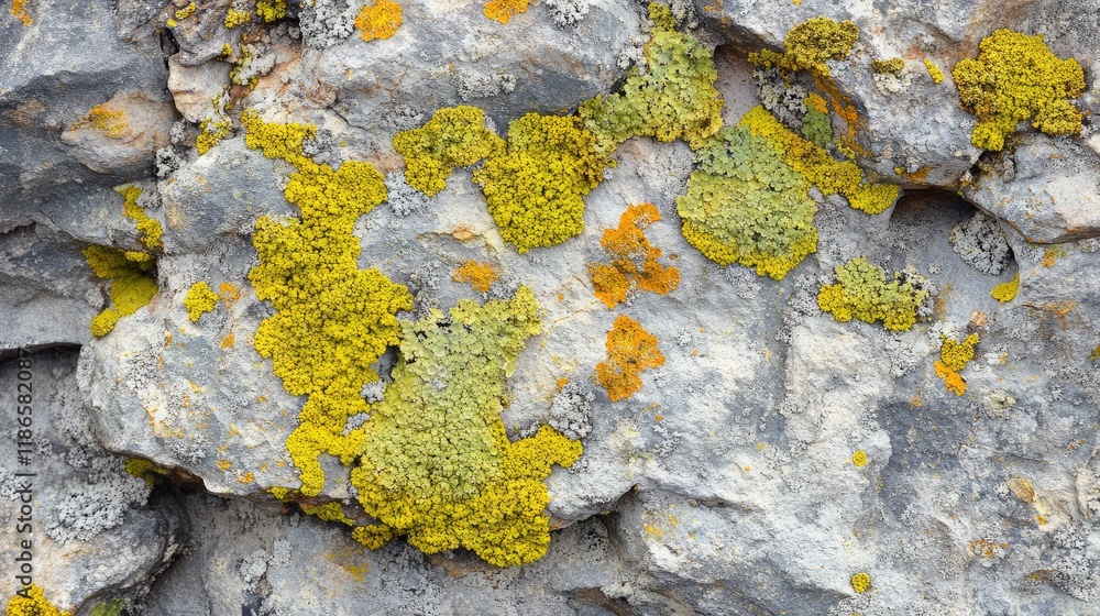 Poster colorful moss and lichen growth on rocky surface in dry landscape showcasing intricate textures and 