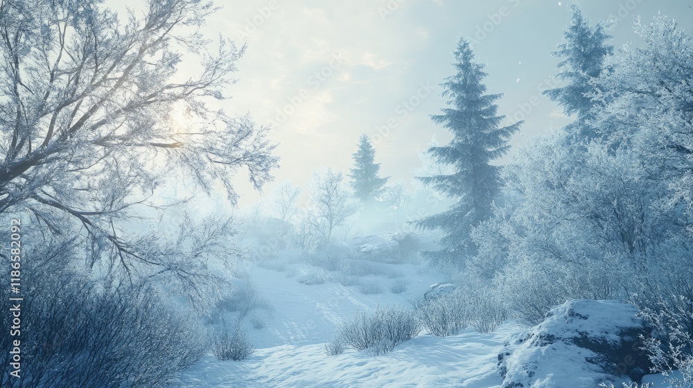 Aufkleber frosty winter forest landscape with snow-covered branches and soft hazy sky creating a serene and tr
