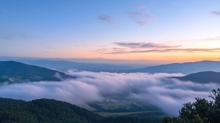 Fototapeta premium Serene Morning Landscape with Misty Valleys and Soft Clouds Under a Twilight Sky