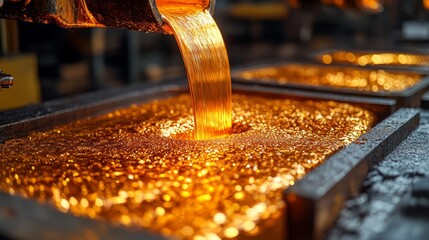Molten metal glimmers as it is poured into molds for shaping and cooling
