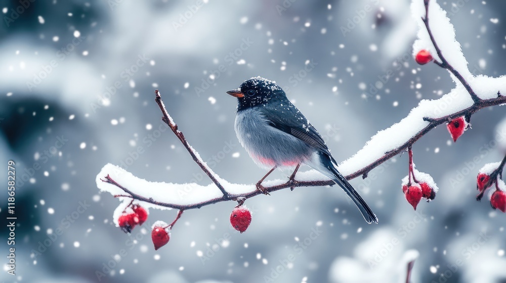 Poster snowy winter scene with a bird perched on a branch surrounded by falling snow and red berries creati