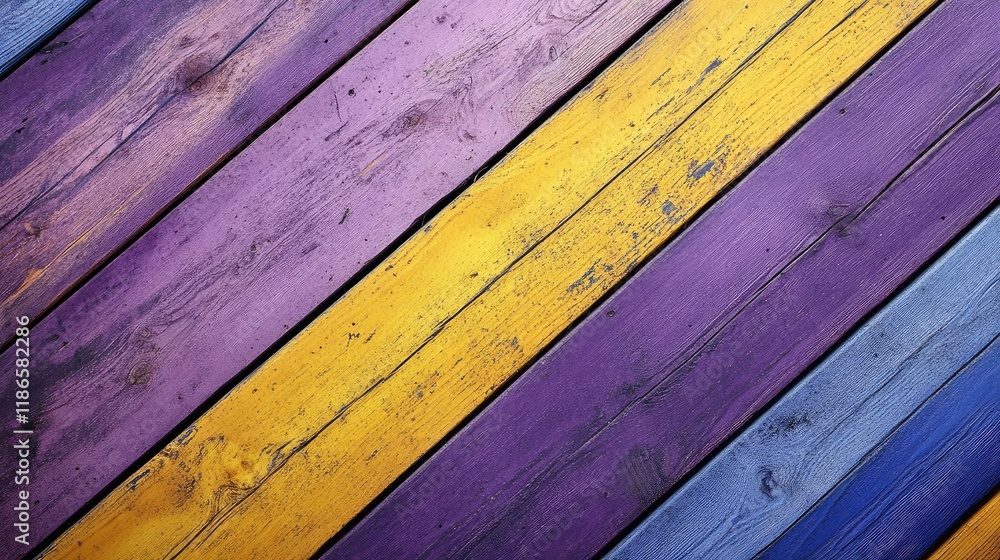Poster Colorful diagonal wooden planks in violet and yellow creating a vibrant abstract background for creative design projects.