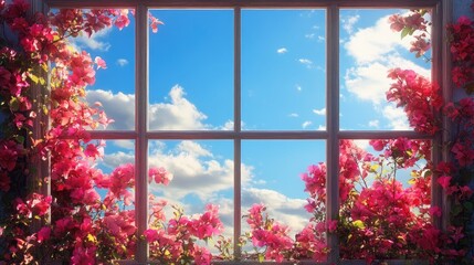 Blooming Bougainvillea framed by winter garden window under a clear blue sky with fluffy clouds in a tranquil and vibrant atmosphere