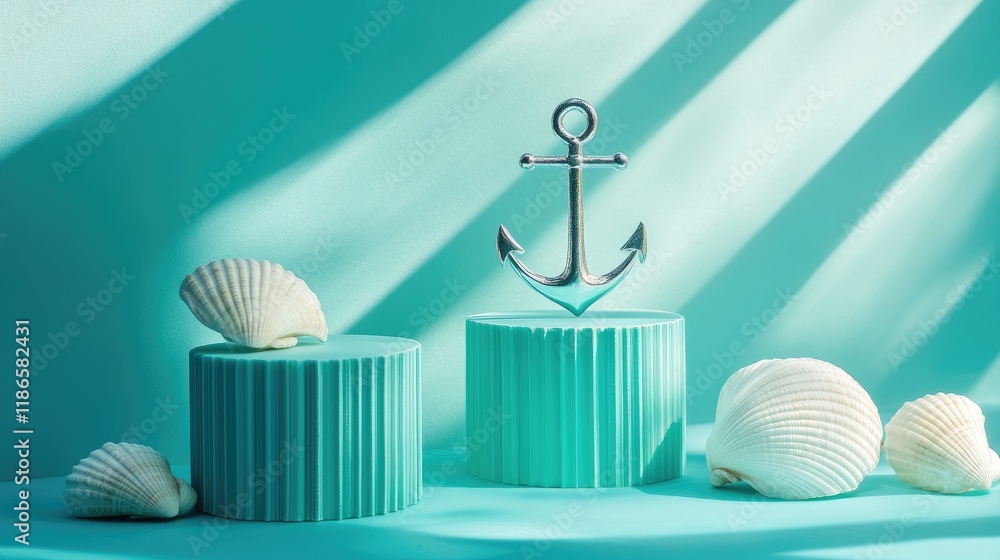 Poster turquoise podiums adorned with seashells and an anchor creating elegant shadows on a serene blue bac