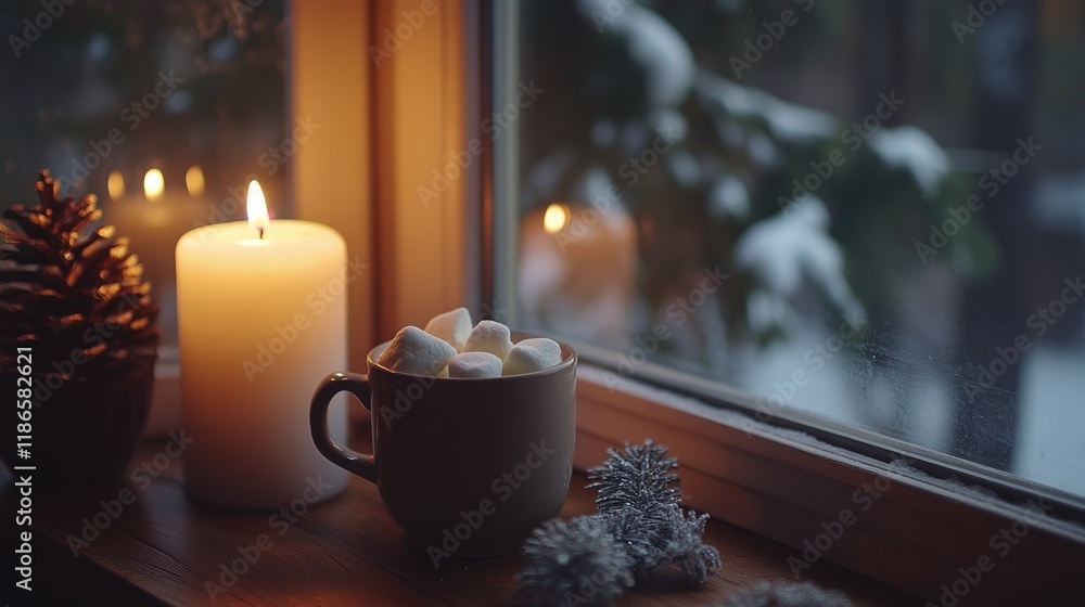 Poster cozy winter scene with candlelight cup of cocoa and marshmallows by a snowy window creating a warm h