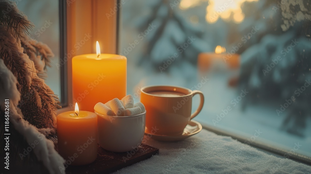 Poster cozy winter scene with candles and hot cocoa by the window creating a warm atmosphere with a snowy b