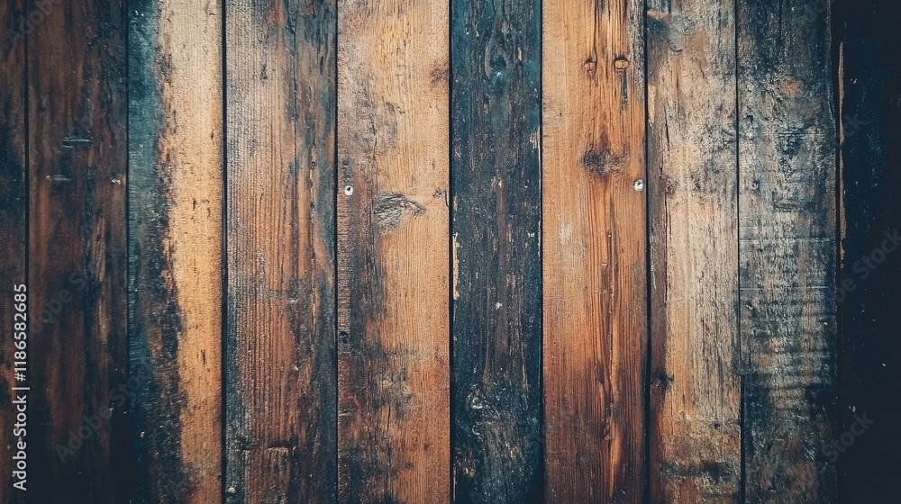 Poster Rustic wooden panel texture featuring a mix of dark and light hardwoods ideal for backgrounds and design projects.