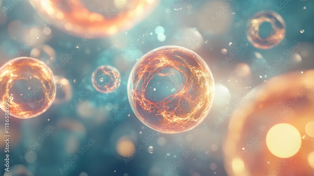 Poster Abstract orbs and bubbles floating in a soft luminous background with bokeh effects creating a vibrant and dreamy atmosphere.