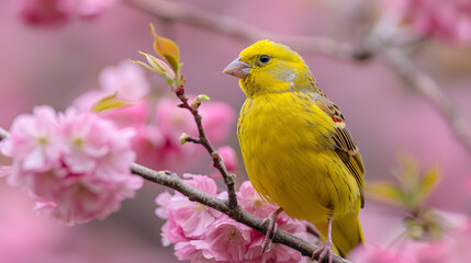 Canary sitting on branch of blossom cherry tree