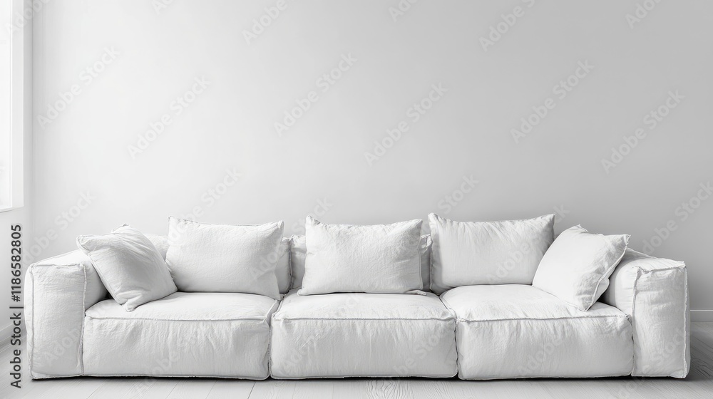 Poster modern white sofa with plush cushions positioned in a minimalist room with an empty white wall and a