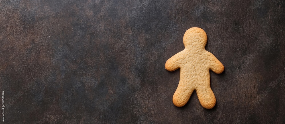 Poster festive gingerbread cookie shaped like a man on a dark background with space for customizable holida