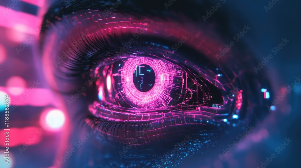 Poster futuristic holographic eye with neon digital patterns and virtual reality elements