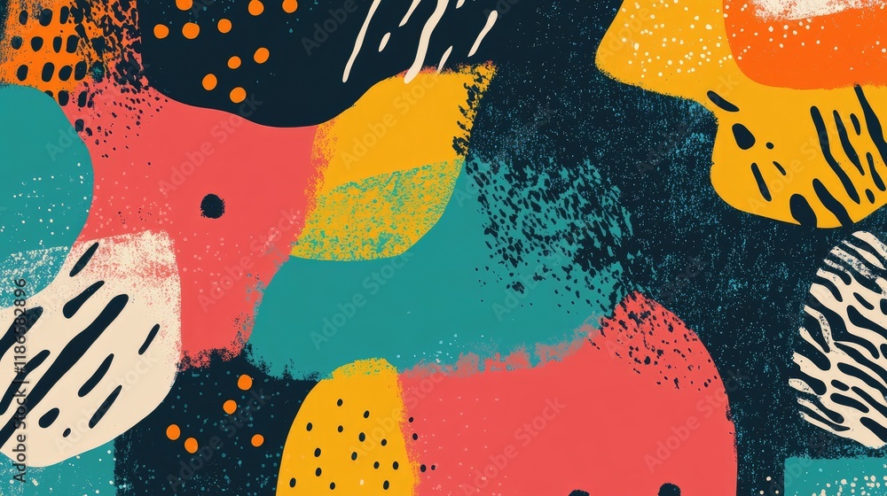 Poster colorful abstract composition with bold shapes and textures creating a lively visual experience on a