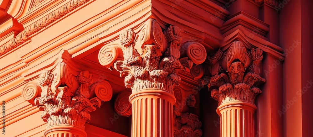 Poster vibrant red orange architectural details showcasing intricate design and classical columns in a stun