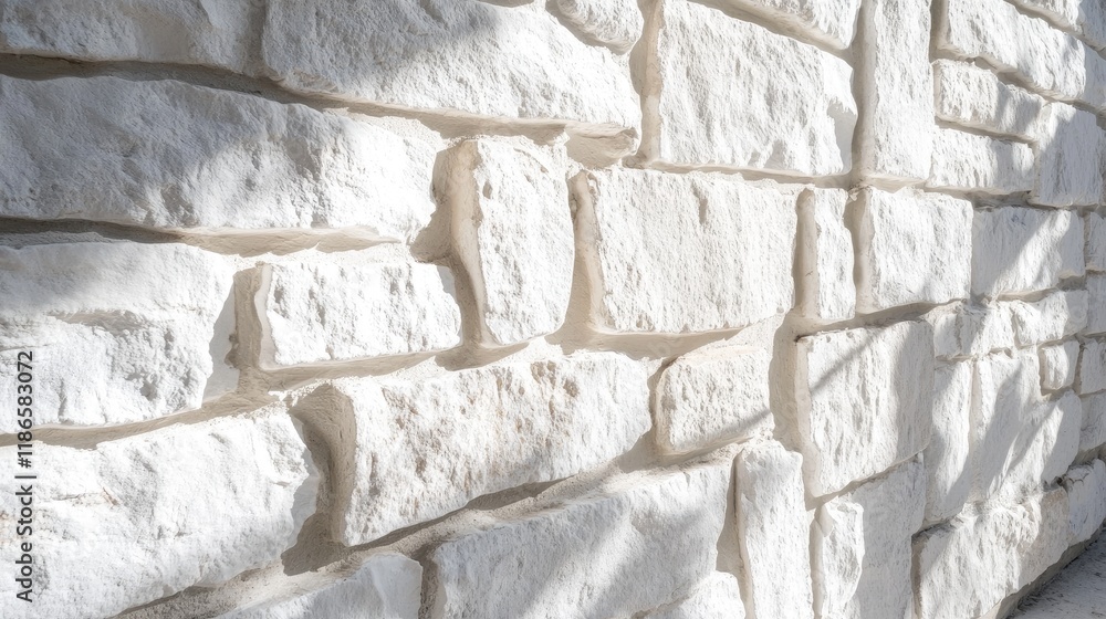 Aufkleber Textured white stone wall background casting soft shadows and light creating an elegant and serene atmosphere for design projects.