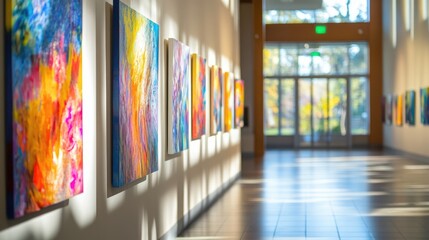 Colorful Abstract Paintings Displayed in Bright Gallery with Natural Light