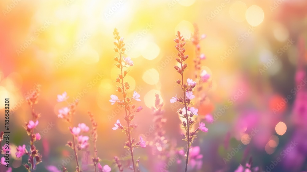 Poster vintage garden festival scene with blurred flowers and soft bokeh background creating a dreamy, tran