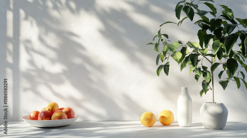 Poster bright minimalistic studio setting featuring a fruit display, house plant, and textured wall, castin