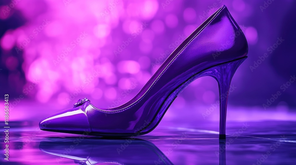 Poster elegant violet high heel shoe with glossy finish on reflective surface against a dreamy purple bokeh