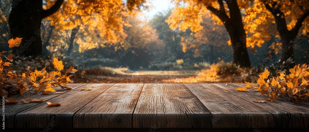 Poster rustic wooden table against a blurred autumn forest backdrop. ideal for displaying fall products or 