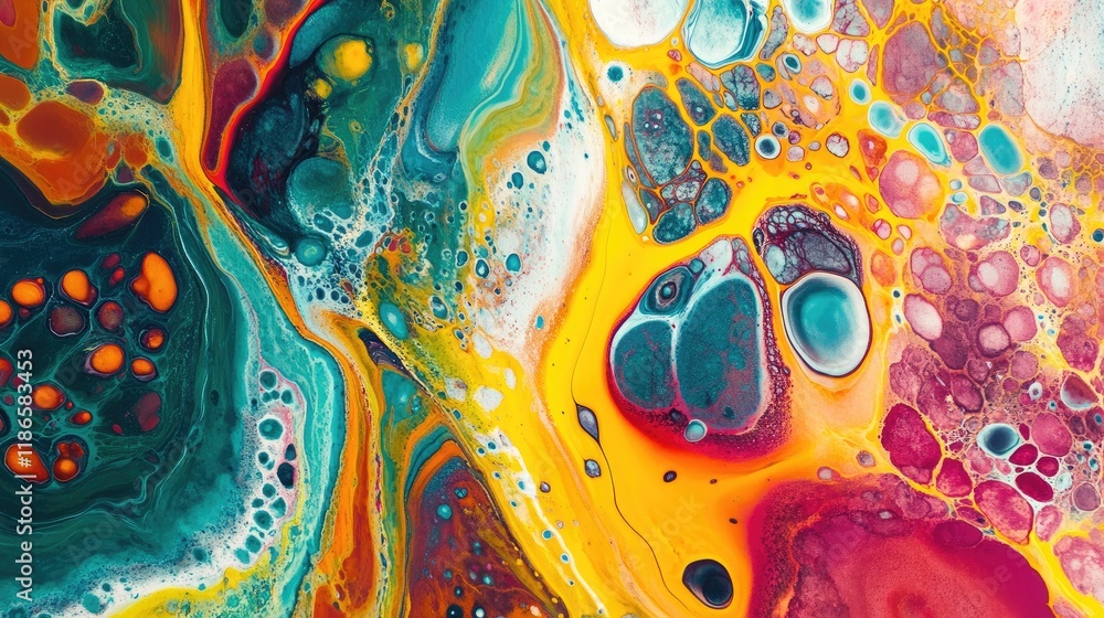 Poster colorful abstract art pieces showcased in a modern gallery setting with dynamic textures and vibrant