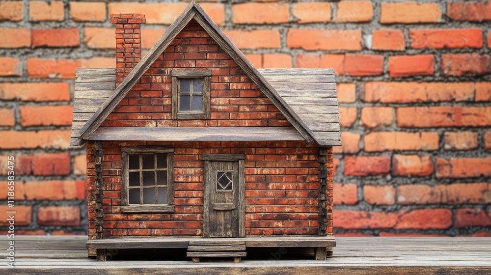 Poster vintage wooden house model against a rustic red brick wall showcasing classic architecture and craft