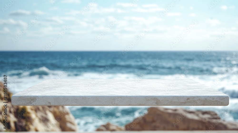 Poster white stone table with serene beach backdrop showcasing calm ocean waves and clear sky natural eleme