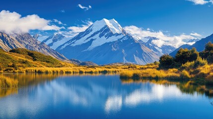 Majestic Mountain Reflections on Calm Lake Surrounded by Lush Greenery and Snowy Peaks Under Clear Blue Skies