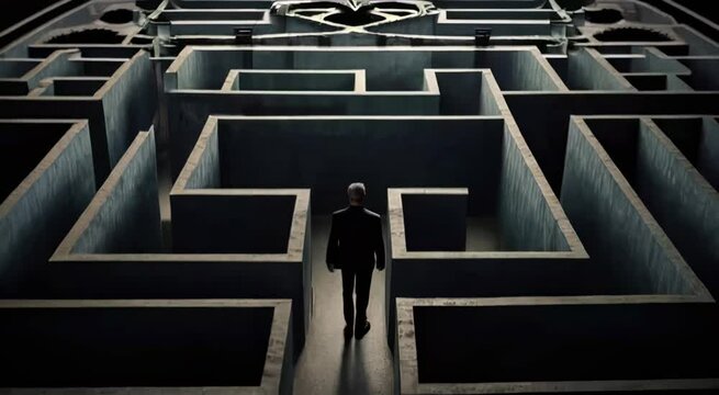 Man facing large concrete maze entrance