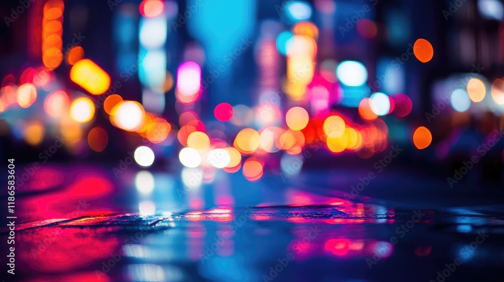 Poster vibrant neon city street reflections at night with a blurred backdrop creating an atmospheric empty 