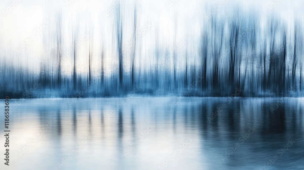Aufkleber abstract winter landscape with blurred motion of trees and river reflecting soft light in a serene a