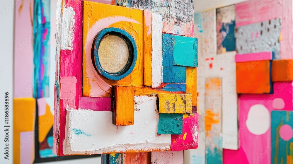 Poster vibrant mixed media abstract art display with colorful sculptures and textured elements in contempor