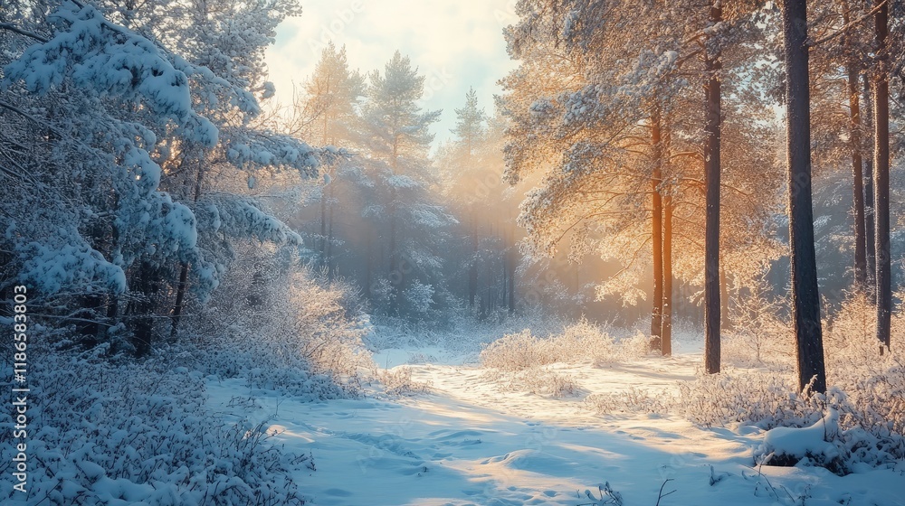 Poster snowy winter forest landscape with sunlight filtering through trees creating a serene and tranquil a