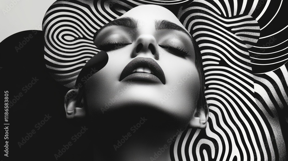 Poster Monochrome Portrait with Abstract Lines Conveying Visual Dissonance and Artistic Expression in Black and White