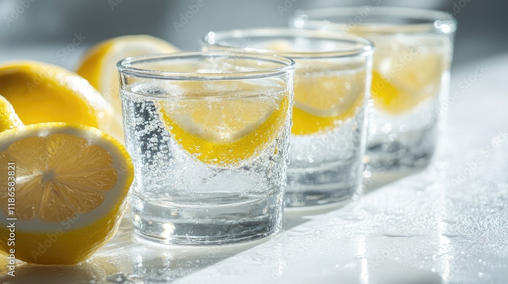Poster vodka shots served with fresh lemon slices on a bright white background creating a refreshing cockta