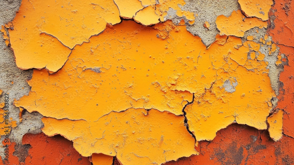 Poster vibrant orange and yellow textured surface with cracked peeling paint showcasing abstract patterns f