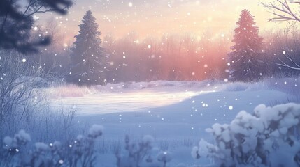 Serene winter landscape featuring a snow-covered field and tranquil forest at twilight with gently falling snowflakes.